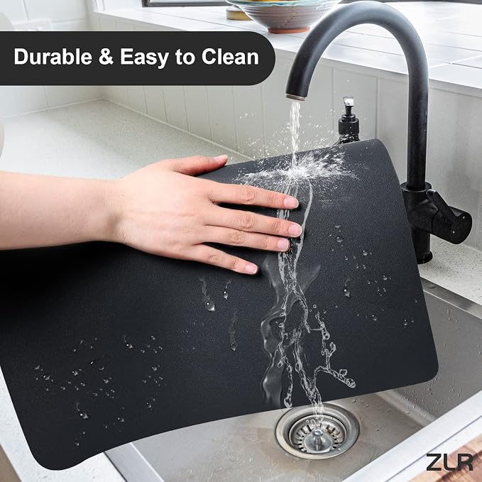 ZLR Large Coffee Bar Mat for Coffee Station, 16"x24" XL, Black | Oversized Counter Protector, Absorbent Dish Drying Mat, Fits Espresso, Grinder, Frother & Cup Display, Hides Stains
