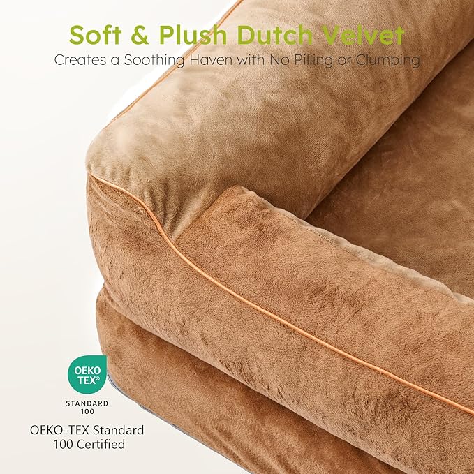 Jumbo Orthopedic Dog Bed for Extra Large Dogs With Cooling Gel Memory Foam, Waterproof, Removable Washable Cover, 45" Sofa Couch, Dutch Velvet With Bone Toy, Brown