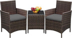 Greesum 3 Pieces Patio Furniture Sets Outdoor PE Rattan Wicker Chairs with Soft Cushion and Glass Coffee Table for Garden Backyard Porch Poolside, Brown and Gray