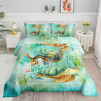 Datura home Sea Turtle Comforter Bedding Set for Kids Teens Adults,Watercolor Sea Turtle Light-Green and Blue Coral Seaweed Ocean Themed Comforter with 2 Pillowcases(Turtle Full),Green Turtle