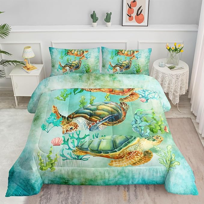 Datura home Sea Turtle Comforter Bedding Set for Kids Teens Adults,Watercolor Sea Turtle Light-Green and Blue Coral Seaweed Ocean Themed Comforter with 2 Pillowcases(Turtle Full),Green Turtle