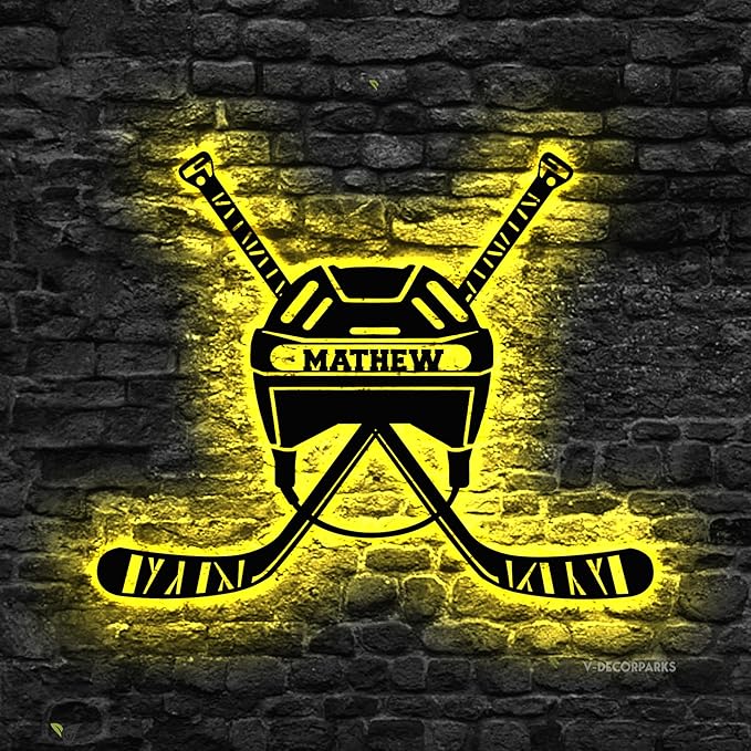 Custom Hockey LED Sign - Goalie Helmet Personalized Name Sign with Crossed Sticks, Light Up Goalie Mask Hockey Room Decor for Boys, Players, Fans