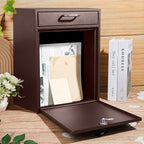 Yaocom Locking Mailbox with Key for Outdoor 18 x 15 x 7 Inches Large Wall Mount Mail Box with Lock Security Mail Drop Metal Collection Boxes Hanging Secure Postbox (Brown)