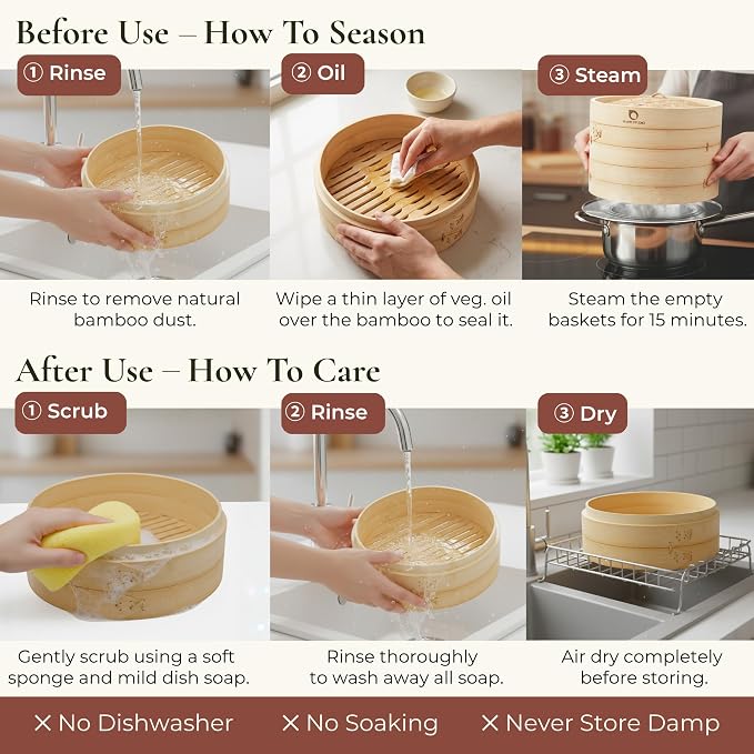 Bamboo Steamer Basket 10 Inch, Extra Deep Dumpling Steamer Set | Incl. Silicone Liners & Steel Ring, Steam Basket For Pot & Wok. Vegetable & Food Steamer For Dim Sum, Bao Buns