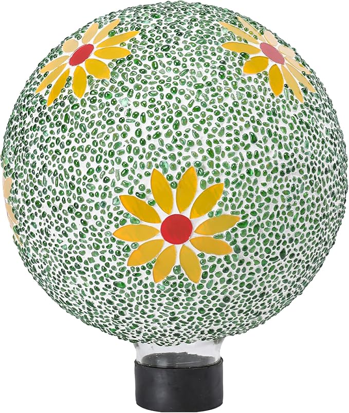 Gazing Ball 8 Inch Flower Glass Mosaic Garden Globe Outdoor Gazing Globe Yard Ornament for Garden Yard Home Lawn Outdoor Decoration Gift for Women (Not Solar Powered)