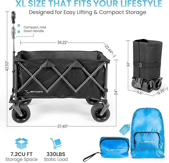 36" Collapsible Wagon Cart with Big All-Terrain Beach Wheels, Foldable Heavy Duty Wagons, Utility Carts for Camping, Garden, Outdoor, Grocery, Sports, Free Packable Backpack Included