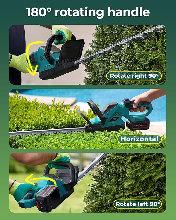 20'' Hedge Trimmer Cordless with 2pcs 4000mAh Battery, Electric Handheld Bush Clipper with Rechargeable Batteries, 3000RPM 180° Rotatable Head, 2/3'' Blade Gap