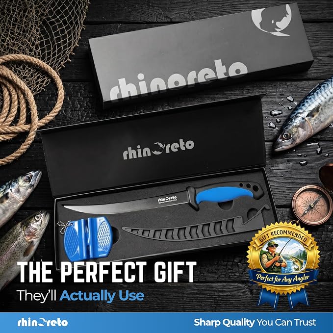 Rhinoreto Fillet Knife for Fish - Razor Sharp G4116 German Stainless Steel Blade, 8 Inch Professional Filleting & Boning Knife with Non-Slip Handle, Protective Sheath & Sharpener