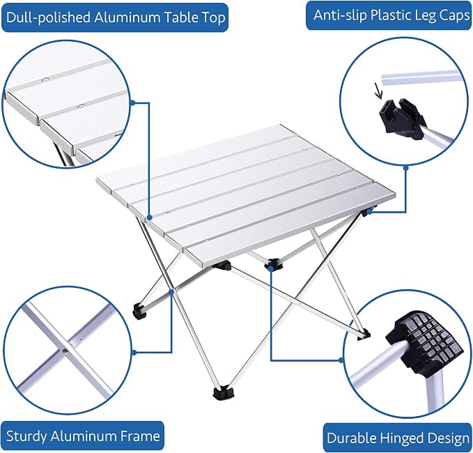Grope Small Folding Camping Table, Aluminum Beach Table for Sand (Silver-M) | Portable & Easy to Carry, With Carry Bag for Camping, Prefect for Outdoor, Picnic, BBQ, Cooking, Festival, Beach, Home Use