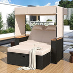 Outdoor Patio Conversation Set, 2-Piece Patio Bench Rattan Roof Set, Effective UV Protection Fabric & Waterproof Cushions and Adjustable Backrest for Garden, Backyard and Porch