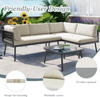 3-Piece Outdoor Patio Furniture PE Rattan Sofa Set, All Weather L-Shaped Sectional Couch with Removable Cushions and Glass Table, for Backyard Poolside Garden, Metal Frame, Onesize, Beige