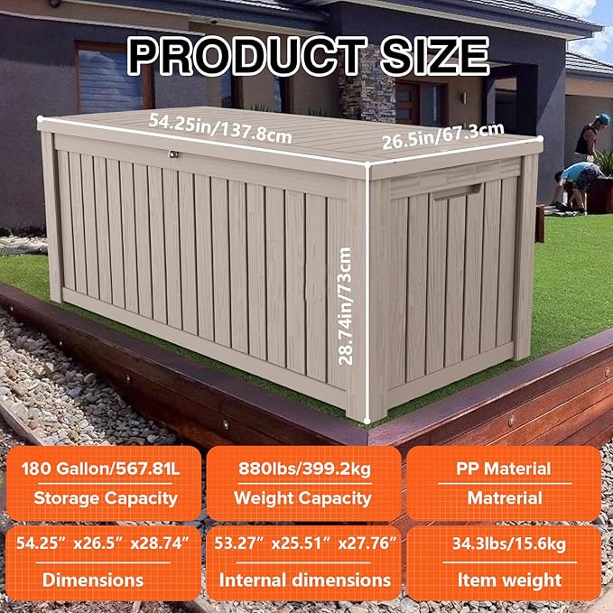 TARKARI 180 Gallon Lockable Resin Deck Box, Waterproof & UV-Resistant Outdoor Storage Box for Outdoor Cushion Storage, Garden Tools & Pool Accessories Storage, Gray