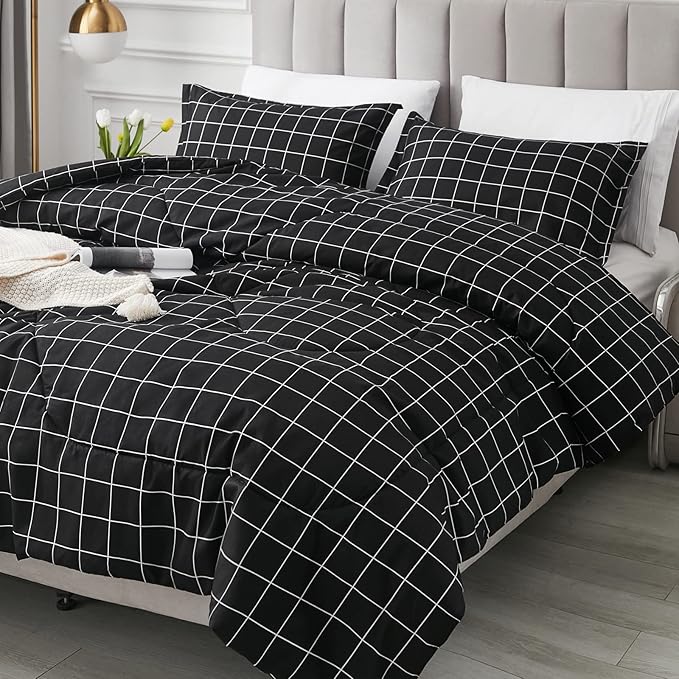 Andency Black Grid Comforter Set Queen Size (90x90 Inch), 3 Pieces(1 Grid Comforter and 2 Pillowcases), Summer Lightweight Microfiber Down Alternative Black Comforter with White Lines