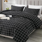 Andency Black Grid Comforter Set Queen Size (90x90 Inch), 3 Pieces(1 Grid Comforter and 2 Pillowcases), Summer Lightweight Microfiber Down Alternative Black Comforter with White Lines