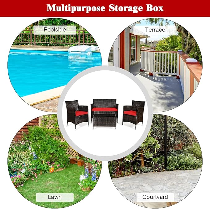 Goplus 4-Piece Rattan Patio Set, Outdoor/Indoor Wicker Conversation Set for Pool, Backyard, Lawn, Wicker Chairs and Sofa with Soft Cushion, Rattan Furniture with Tempered Glass Coffee Table