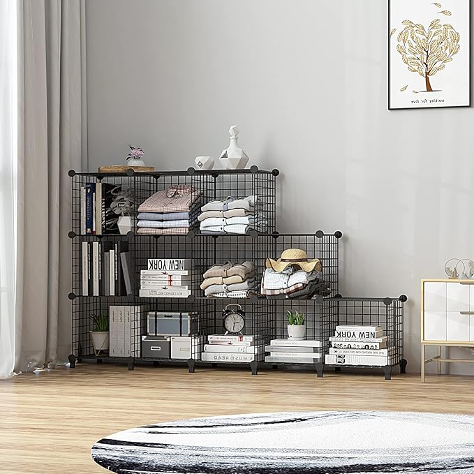 Wolizom Wire Cube Storage, Metal Grids Shelves Bookshelf, Stackable Modular Shelving Organizer, DIY Closet Bookcase Bookshelf, Grid Storage Shelf for Bedroom, Living Room, Office (Black, 12 Cube)