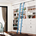 DIYHD 108" Rolling Library Ladder with Handrail, 4FT Sliding Rail, Blue | 9-Step lightweight ladder with space-saving upright storage, Telescopic top hooks, Locking bottom rollers, 300lbs capacity