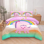 Tailor Shop Dinosaur Girls Comforter Set Queen Size,Rainbow Pink Dinosaur Bedding Set,Cartoon Dino Comforter Sets for Kids Teens，Dinosaur Bed Set,with 1 Comforter 2 Pillowcase