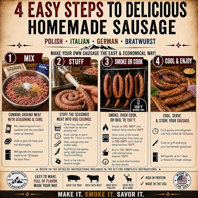 Hi Mountain POLISH Sausage Kit | Makes up to 30 lbs | Complete sausage making kit with cure, natural hog casings & directions. Perfect for pork, beef, venison, deer, & elk