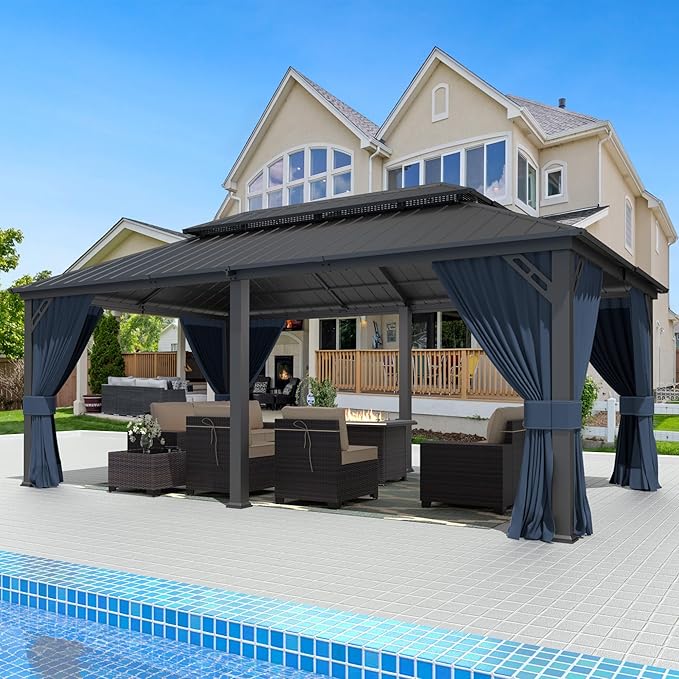 Gotland 2024 New 12' x 20' Hardtop Gazebo, Outdoor Iron Metal Double Roof Pergola with Curtains and Netting for Patio, Garden, Lawn, Navy