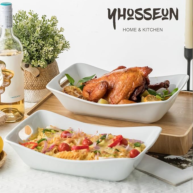 YHOSSEUN Large Serving Bowls with Handles White Serving Dishes For Entertaining, 1.5 Quarts Ceramic Bowl Set Rectangle Serving Platter for Thanksgiving, 2 Pack