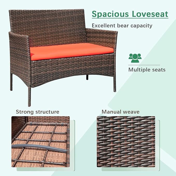 Greesum Patio Furniture 4 Pieces Conversation Sets Outdoor Wicker Rattan Chairs Garden Backyard Balcony Porch Poolside loveseat with Soft Cushion and Glass Table, Brown and Red
