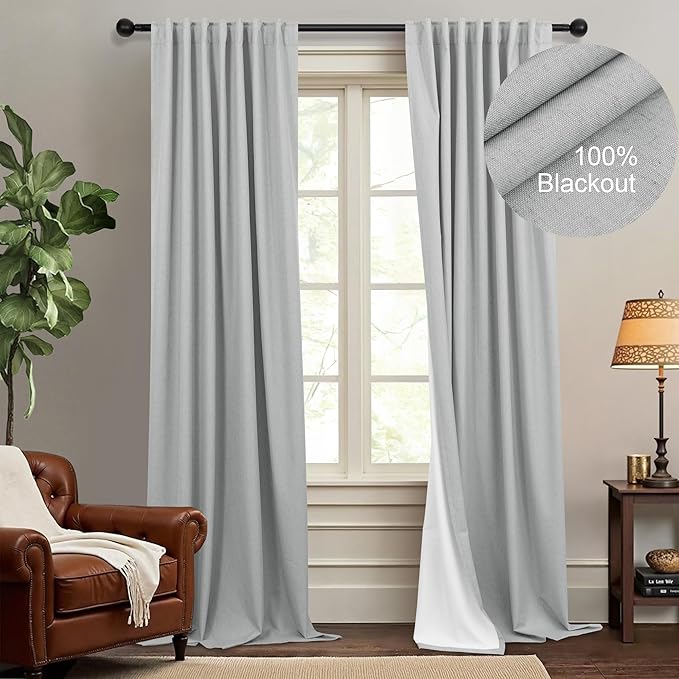 100 Percent Blackout Sliding Glass Door Curtains 120 Inches Long 2 Panels 10 FT Theater Floor to Ceiling Drape Linen Cotton Textured Luxury Curtains Farmhouse Black Out Light Grey Gray White Back Tab