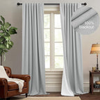 Light Gray Linen Blackout Curtains White Backing 102 Inch Long 2 Panel Sliding Glass Door Solid Grey Light Blocking Thermal Curtain for Summer Heat Energy Saving Weather Drapes for Bedroom Living Room
