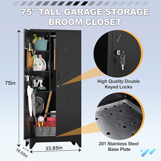 Metal Garage Storage Cabinet, 75” Cleaning Tool Cabinet with Hooks and Hanging Rods, Heavy Duty Garden Tool Organizer, Broom Cabinets for Home, Garage, Laundry Room, Gym, Workshop