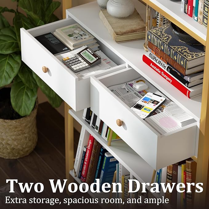 Bookshelf with Drawers- Widen Industrial Book Shelf with Bookend, 5 Tiers Tall Storage Shelves, Steel Frame Display Rack, Suitable for Bedroom, Office, Living Room-27'' Depth White