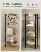 Bookshelf, Book Shelf, Industrial Bookcase with 2 Hooks, Coner Shelf Storage Organizer for Home Office, Living Room, Bedroom, Kitchen, 4-Tier Greige BC10405B