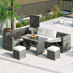Outdoor Furniture 6-Piece Patio Sofa Set, All Weather PE Rattan Sectional Couch with Tempered Glass Dining Table, Adjustable Seat, Storage Box&Removable Covers, for Garden Backyard, 1, Beige
