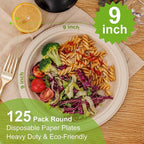 WELLIFE 100% Compostable Paper Plates 9 Inch, 125-Pack Heavy Duty Paper Plates Bulk,Biodegradable Bagasse,Eco-Friendly Disposable Dinner Plate for BBQ,Picnic,Party (BPI Certified,Microwaveable)