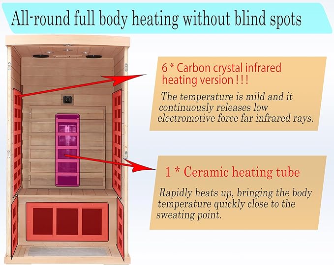Ceramic Infrared Sauna 1 Person Far Infrared Sauna Hemlock Saunas Room for Home 2 in 1 Indoor Sauna with Low EMF Heaters + Ceramic Heating Cubes-Chromotherapy-Bluetooth Speaker