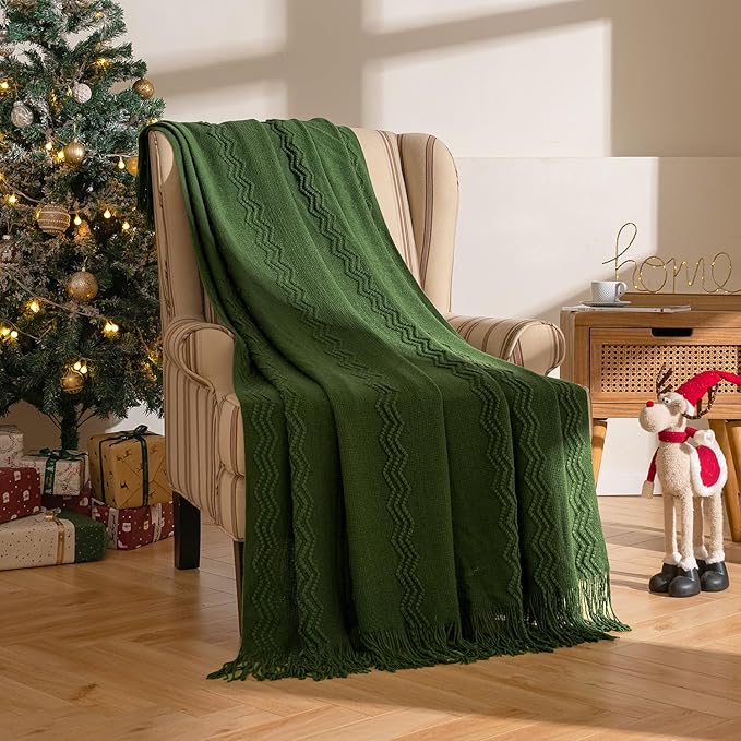 MIULEE Olive Green Knitted Throw Blanket for Couch Boho Textured Cozy Woven Blanket with Tassels for Sofa Chair Bed Living Room Spring Acrylic Wave Pattern 50"x60"