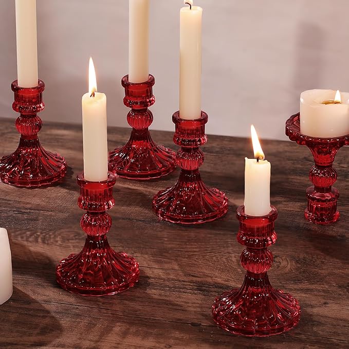 12PCS Red Candlestick Holders Set- 4" H Taper Candle Holders, Glass Candle Holders Bulk for Activities, Party, Home Table Centerpieces, Festival Gifts & Windowsill Decor