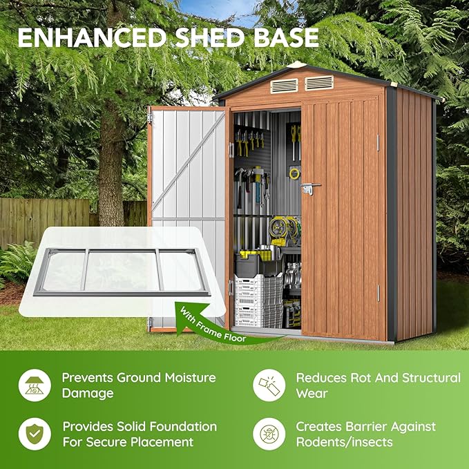 Outdoor Storage Shed, 5x3 Ft Metal Steel Tiny House with Frame Floor & Lockable Door, Vertical Outside Storage Building for Garden, Backyard, Lawn, Patio Utility, Tool Storage