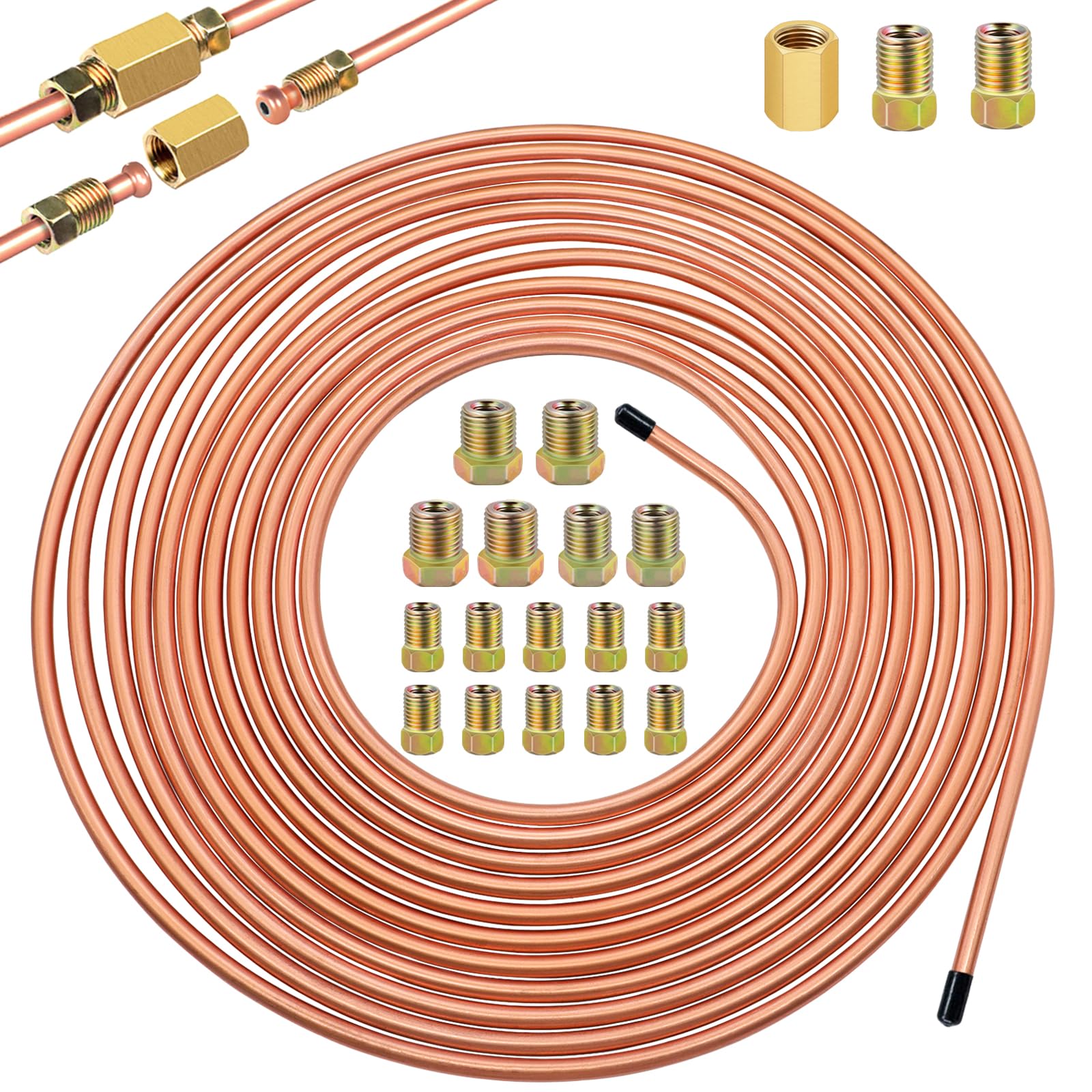 Eoppen 3/16inch x 25 ft Brake Line Tubing Kit Flexible Copper Coated Alloy Brake Line Tubing Coil with 18 Inverted Flare Fitting