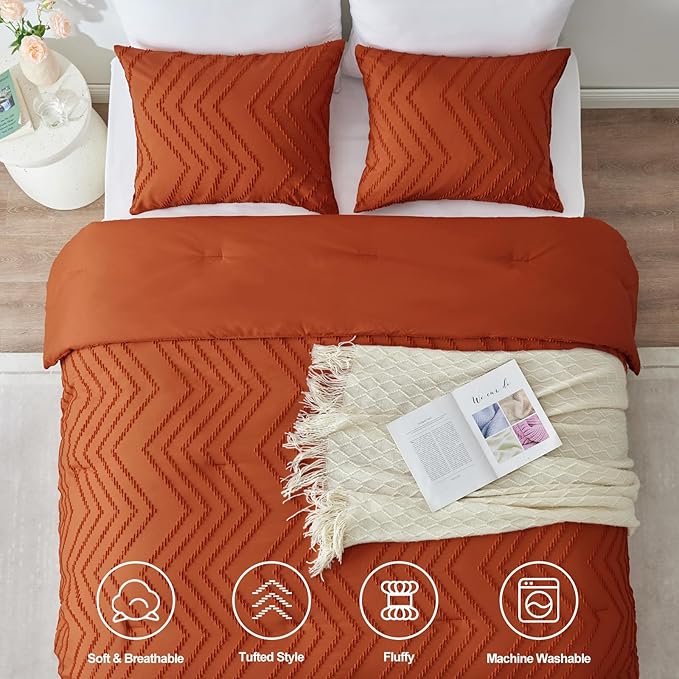 CozyLux Full Size Comforter Set Burnt Orange - 3 Pieces Terracotta Boho Tufted Shabby Chic Bedding Comforter Set for All Seasons, Chevron Bedding Sets with Comforter & 2 Pillow Shams