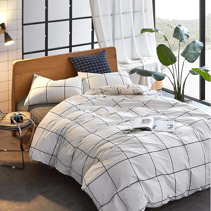White Grid Comforter White Plaid Bedding Set Queen White Black Lines Printed Stripes Women Checkered Queen Comforters Bedding Set White Grid Comforter Set Queen