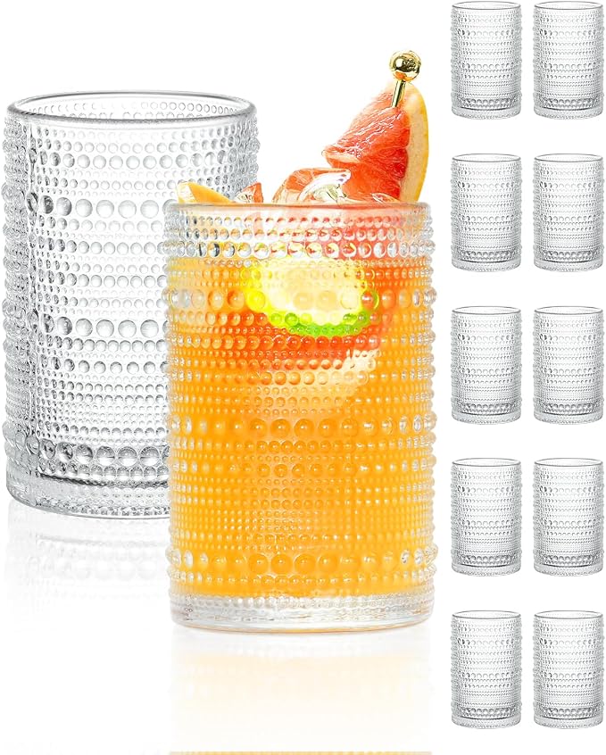 Large Capacity Glasses Drinking Set of 12, 15 oz Vintage Glassware Hobnail Glass Cups sets for Kitchen, Embossed Cocktail Glasses Set with Straws, for Beer, Juice, Cocktail, Whiskey, Milk