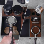 IKAPE V5 Espresso Knock Box, Espresso Coffee Organizer Box Fit for Storage 51, 54, 58MM Espresso Tamper, Distributor, Portafilter & Puck Screen Accessories, Natural Walnut Station Base(9 IN One)