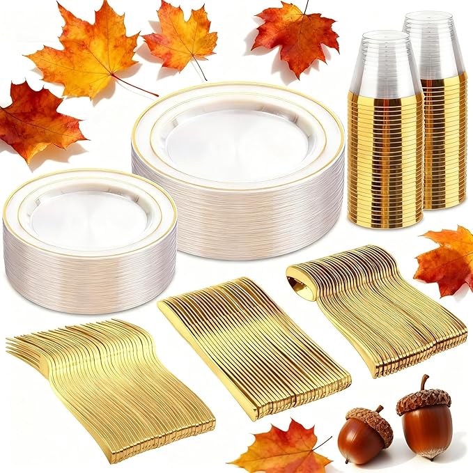 bUCLA 150Pcs Clear Gold Plastic Dinnerware Set - Clear and Gold Disposable Plates Include 25 Dinner / 25 Dessert Plates,25 Knives,25 Forks,25 Spoons,25 Cups for Party, Fall & Thanksgiving