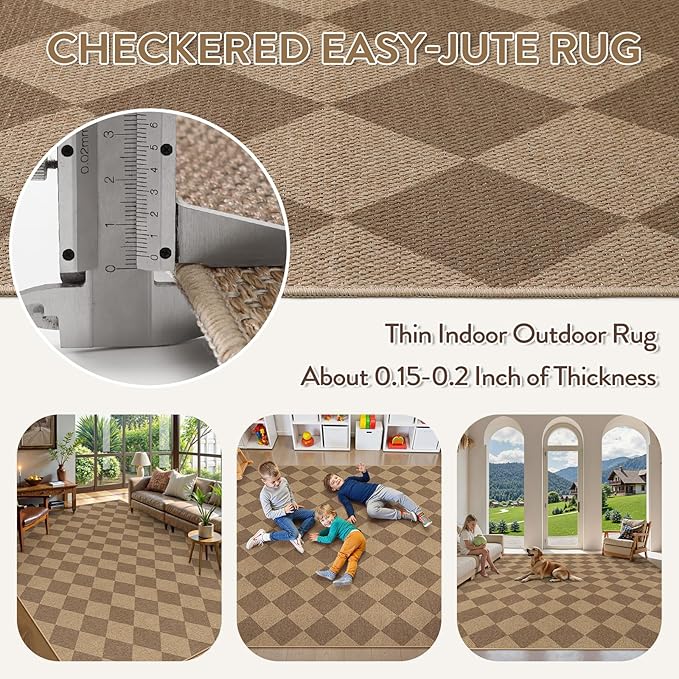 Lahome Checkered Easy Jute Rug, 9x12 Washable Dining Room Rug Indoor Outdoor Carpet, Farmhouse Neutral Non Slip Non Shedding Stain Resistance Floor Carpet for Patio Living Room Office