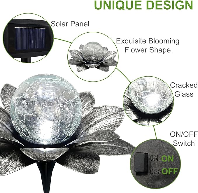 LEWIS&WAYNE Solar Garden Lights Outdoor, 3 Pcs Silver Gray Lotus Flower Pathway Lamps with Cool White Crackle Glass Globe Led Lights for Patio Pathway Yard Balcony Garden Decorations