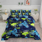 Axolotl Boys Dirt Bike Bedding Set Twin,Dirt Bike Comforter Set,Extreme Sports Tie Dye Bedding Set Motor Biker,Motocross Rider Comforter Set for Boys Kids Teens Men,1 Quilt 2 Pillowcases,Blue Green