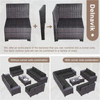 12PCS Patio Furniture Set Sofa Wicker Sectional Sofa Set, Outdoor Furniture Rattan Patio Conversation Set with Cushions and Glass Coffee Table, Black