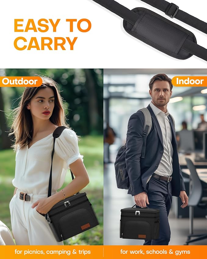 HOTOR Insulated Lunch Box Men Women Leak-Proof Cooler Lunch Bag 9L | 4 Pockets, Adjustable Strap, Ideal for Work, Picnic, Travel, Camping, Gift, Black