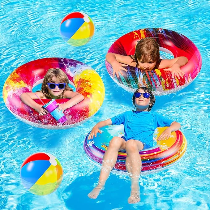 Parentswell 6PCS Big Pool Floats Tubes: Inflatable Pool Floats Swimming Rings with Beach Balls - Brightly Colored Pool Floaties Party Toys, Pool Toys for Kids Adults