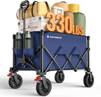 Wagon Carts Foldable, 180L Collapsible Foldable Wagon with 330lbs Weight Capacity, Heavy Duty Utility Cart with Drink Holders and Brakes for Beach Camping Shopping Sports Wheelbarrows, Blue